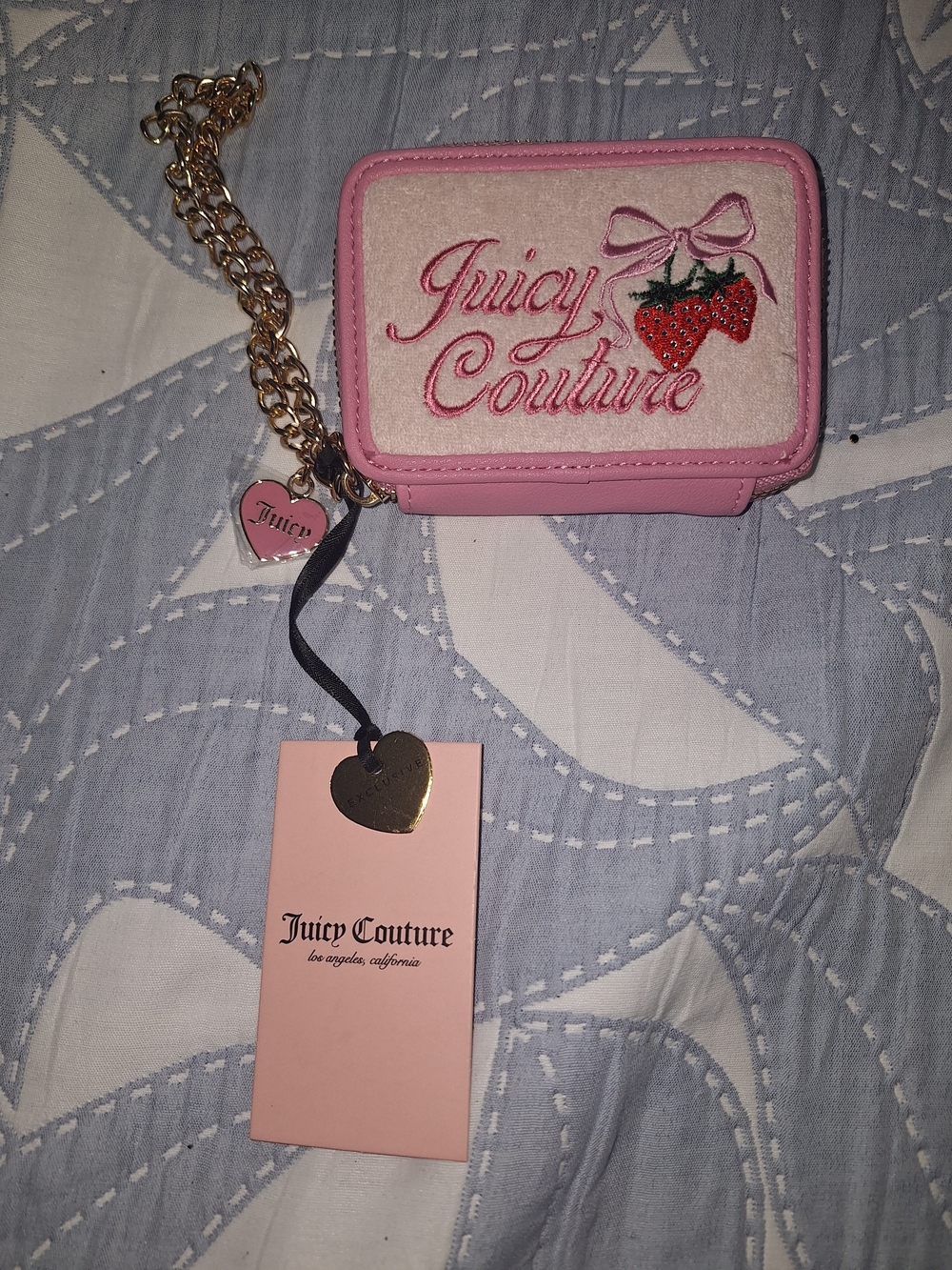 EXCLUSIVE Juicy Couture Pink Strawberry Embroidered Mini Wallet with Gold Chain